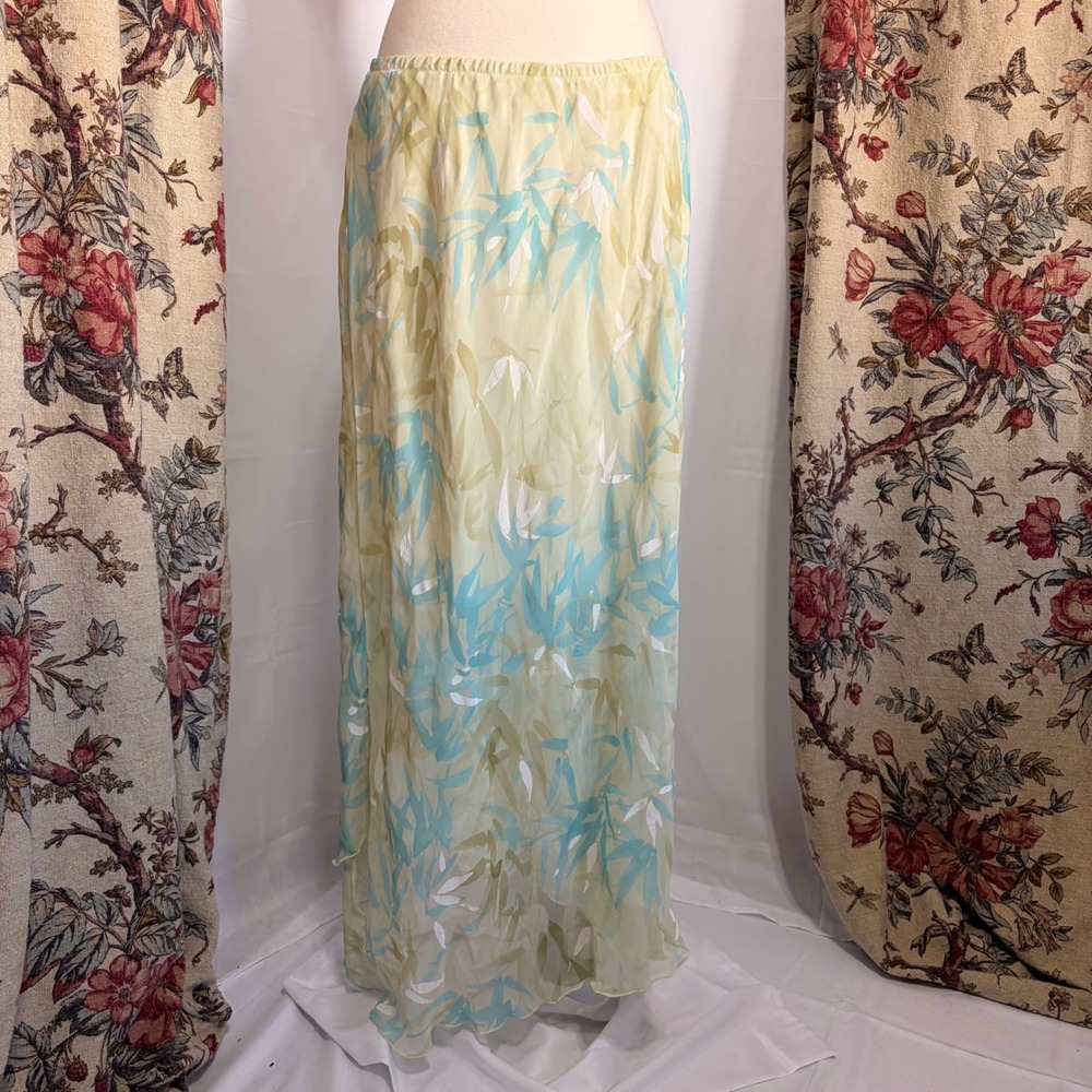 Ruby Rd. Stunning Yellow Blue Bamboo Print Chiffon Maxi Skirt Handkerchief Hem